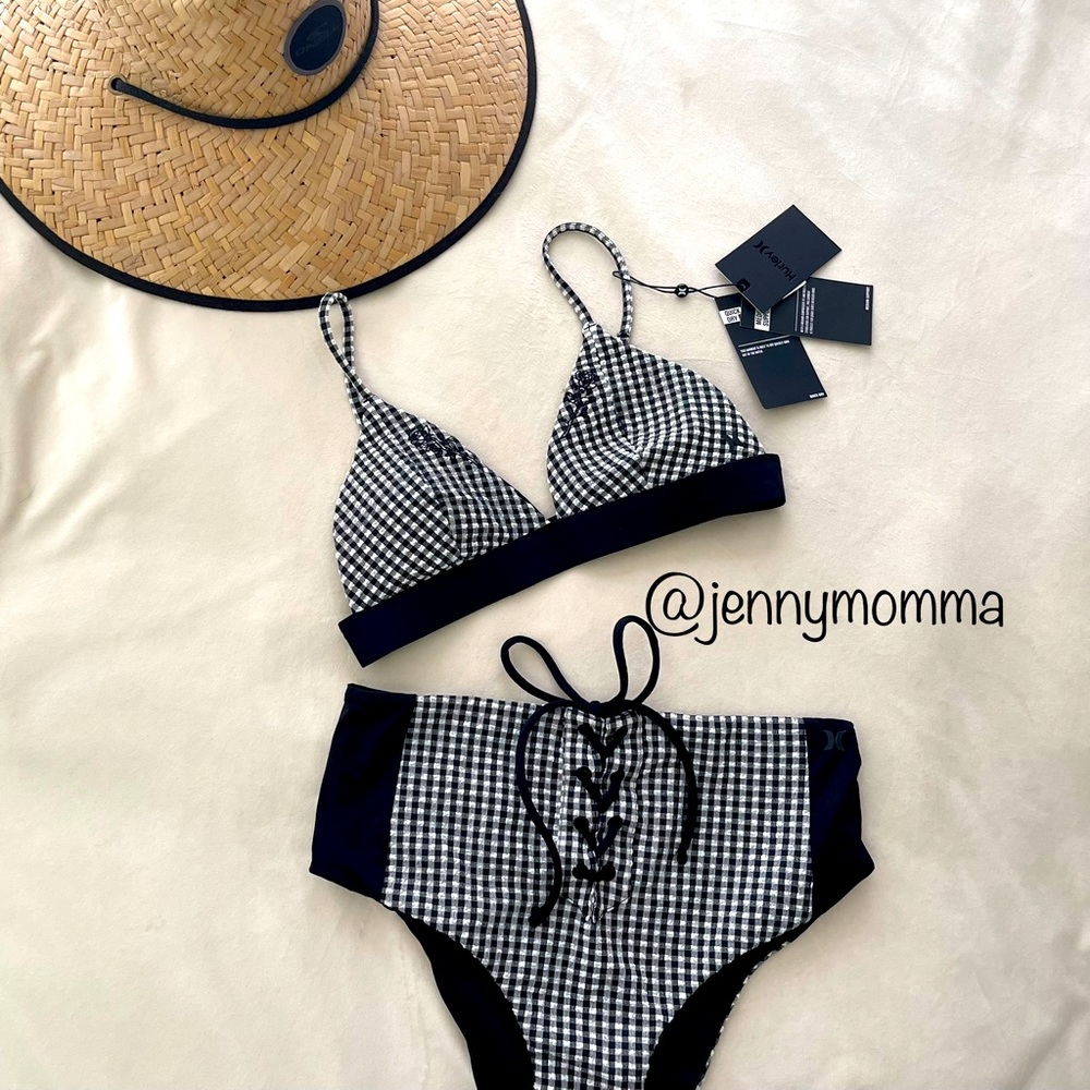 Hurley Gingham Tri Bikini Top & High Waist Bottom Set vintage vibes size Small